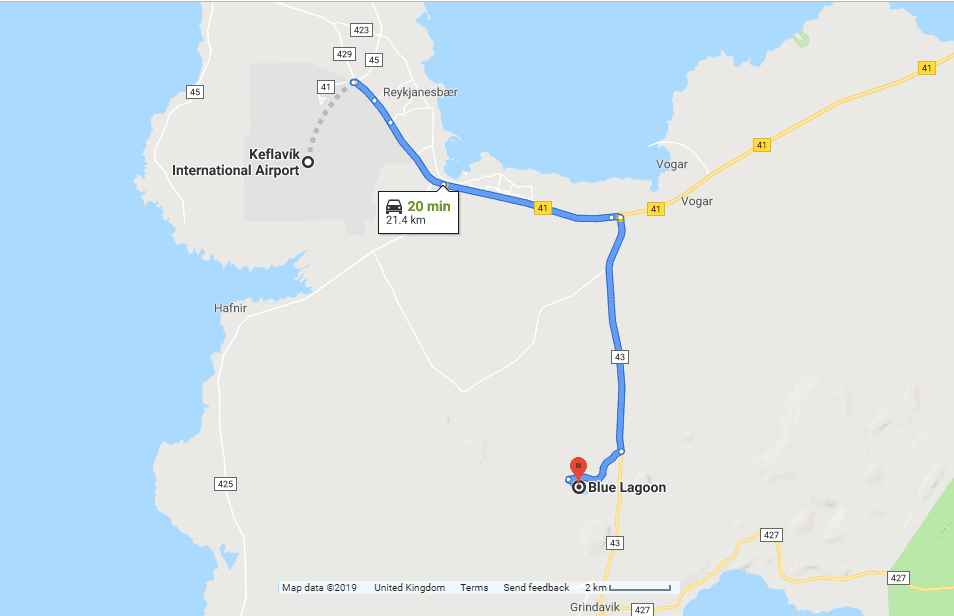 Map from Kavflavic International Airport to The Blue Lagoon Geothermal Spa - Iceland